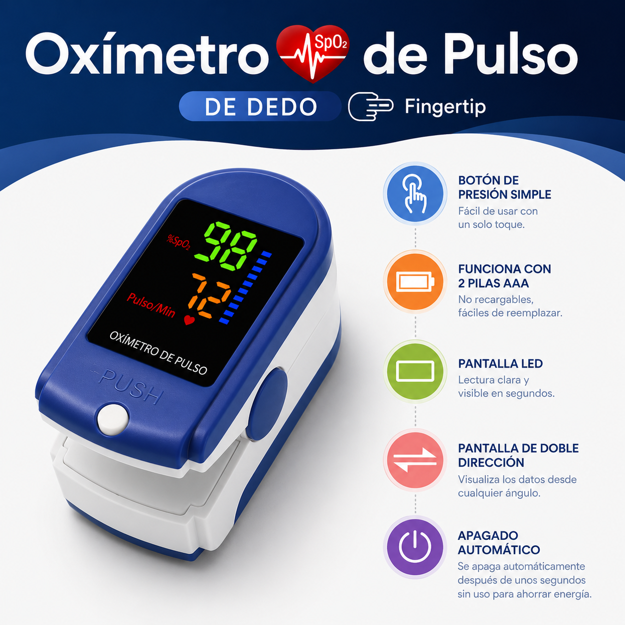 Oxímetro Digital de Dedo con Pantalla LED – Medición Precisa de Oxígeno en Sangre y Pulso